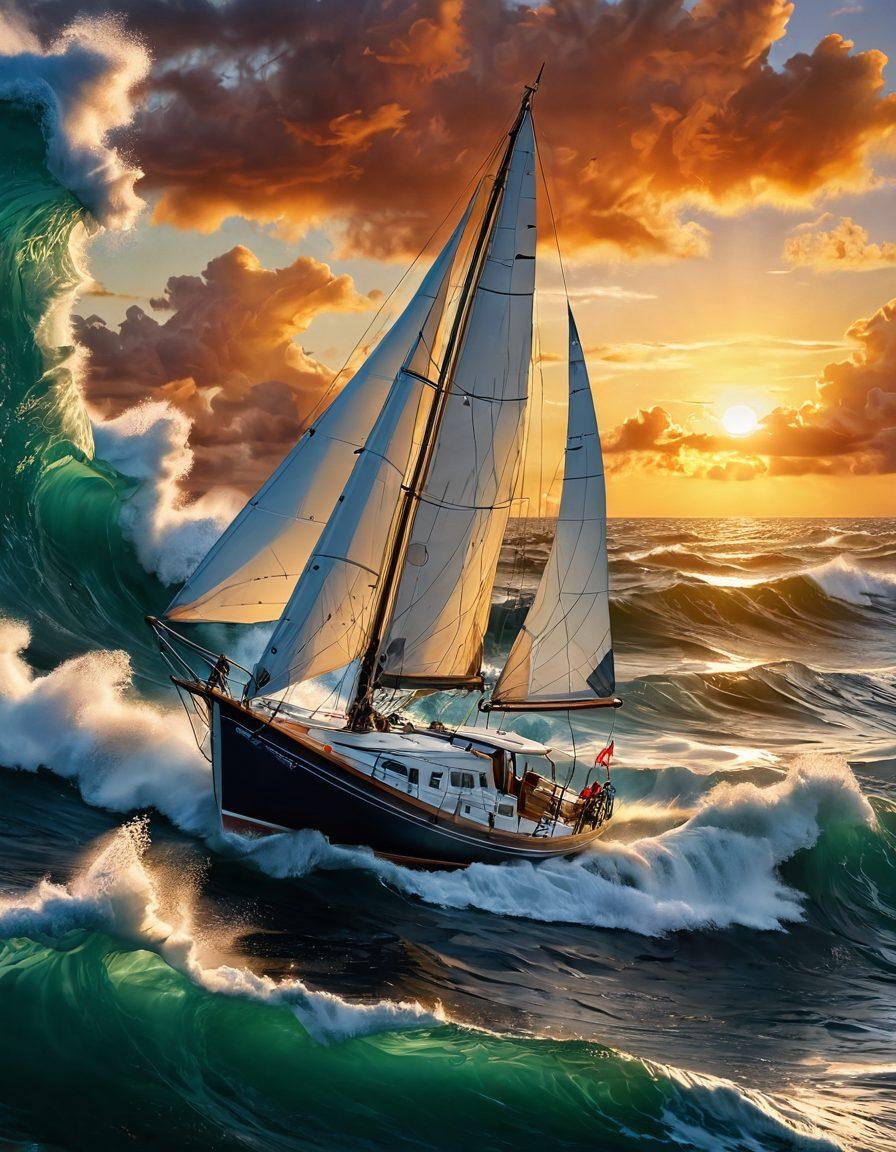 A visually striking graphic displaying a rugged sailboat navigating through turbulent ocean waves, with a subtle overlay of legal documents and maritime symbols, highlighting marine liability concepts. The background features a serene sunset to symbolize safety and stability on the water. Include elements like life jackets and safety gear scattered around the boat, emphasizing preparedness. super-realistic. vibrant colors. 3D.