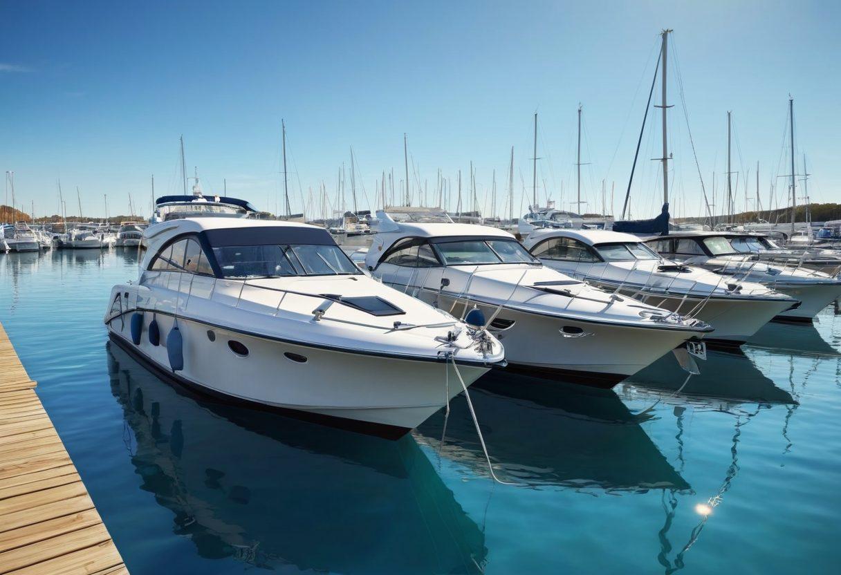 A serene marina scene showcasing various types of boats under a clear blue sky, some being covered with protective tarpaulin to emphasize care and safety. Include a checklist and a shield symbol representing protection, while a dollar sign from a boat insurance policy subtly appears in the background. Vibrant colors. 3D. Hyper-realistic.