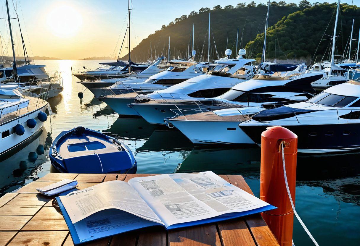 A serene marina scene showcasing various yachts of different sizes anchored gently in calm blue waters, sunlight glinting off their polished surfaces. Highlight a confident yacht owner inspecting insurance documents while standing on the dock, accompanied by a supportive agent. Incorporate imagery depicting key elements like a life jacket, a rescue buoy, and a map focusing on safe navigation. Emphasize a balance between luxury and practicality in yacht ownership. super-realistic. vibrant colors. peaceful atmosphere.